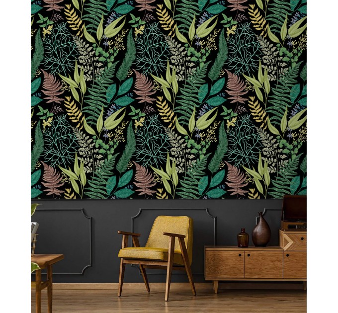 Dark wallpaper fern leaves and herbs