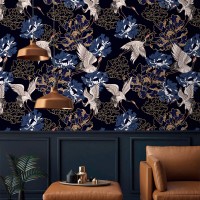 Dark wallpaper cranes, vintage Japanese style accent wall