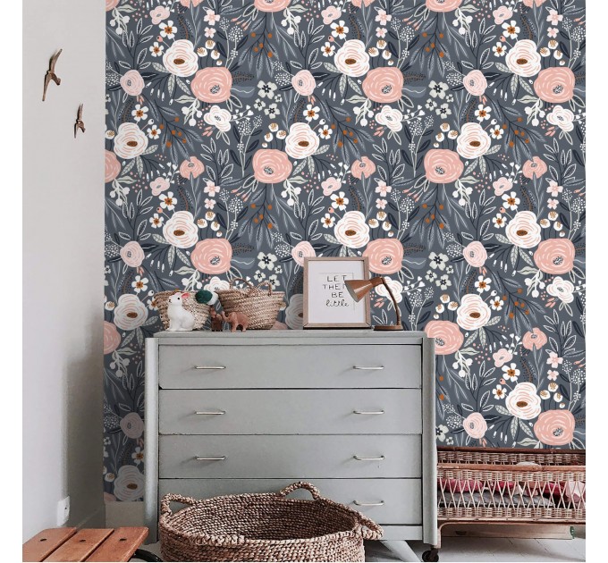 Floral accent wallpaper, girls bedroom decor