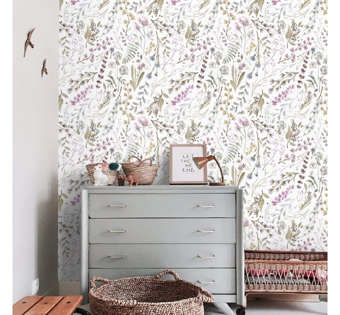Floral wallpaper watercolor wildflowers and herbs
