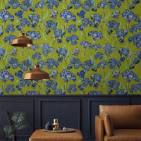 Floral wallpaper irises blue green botanical accent wall