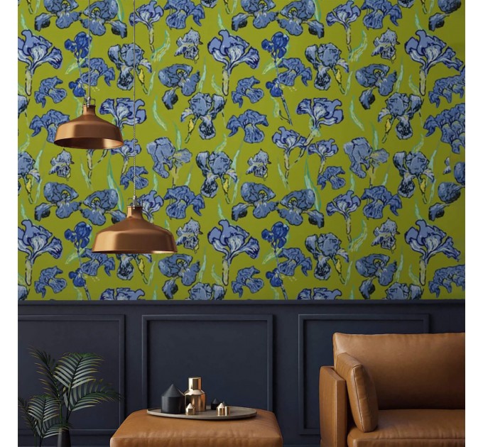 Floral wallpaper irises blue green botanical accent wall