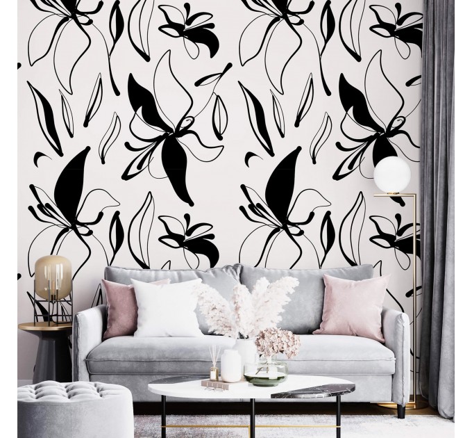 Floral wallpaper minimalist abstract flowers black and white
