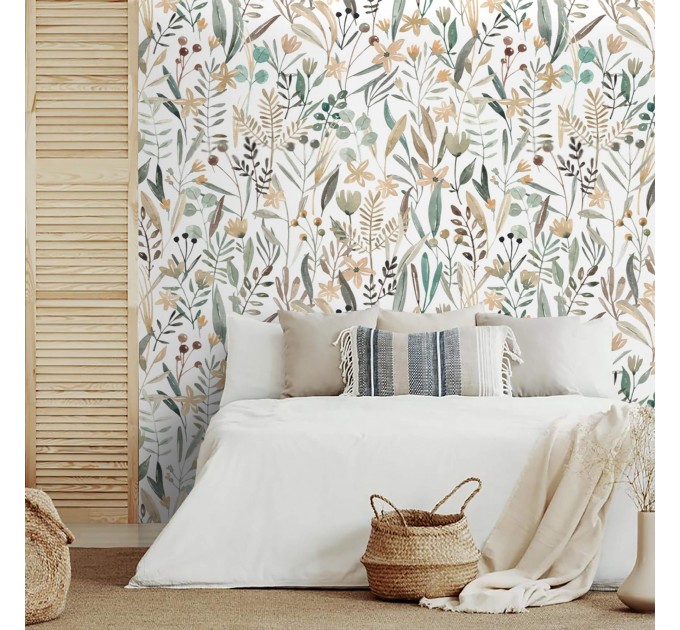 Floral meadow wallpaper, watercolor wildflowers and herbs