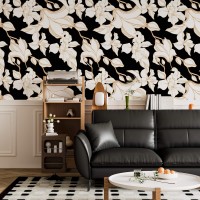 Statement floral wallpaper, white flowers on black
