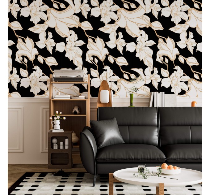 Statement floral wallpaper, white flowers on black