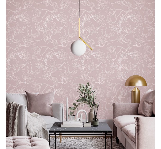 Minimalist floral wallpaper, linear flowers on mauve pink