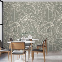 Neutral tropical wallpaper, linear minimalist leaves