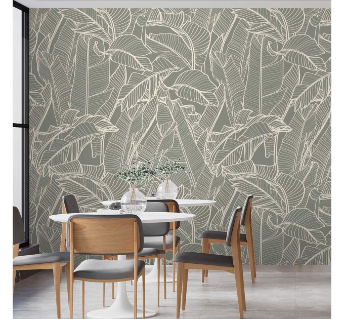 Neutral tropical wallpaper, linear minimalist leaves