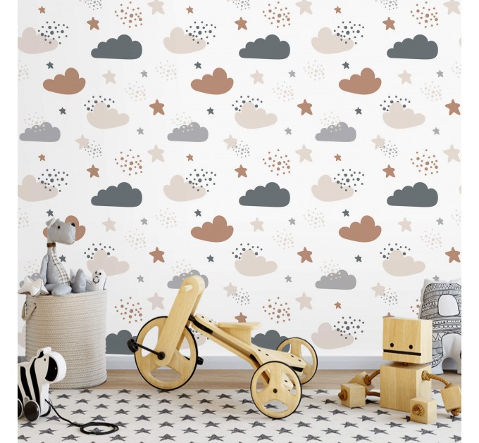 Nursery wallpaper, cute clouds for baby's boy room