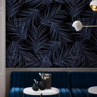 Tropical wallpaper Dark blue large palm leaves