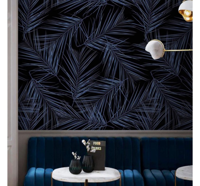 Tropical wallpaper Dark blue large palm leaves