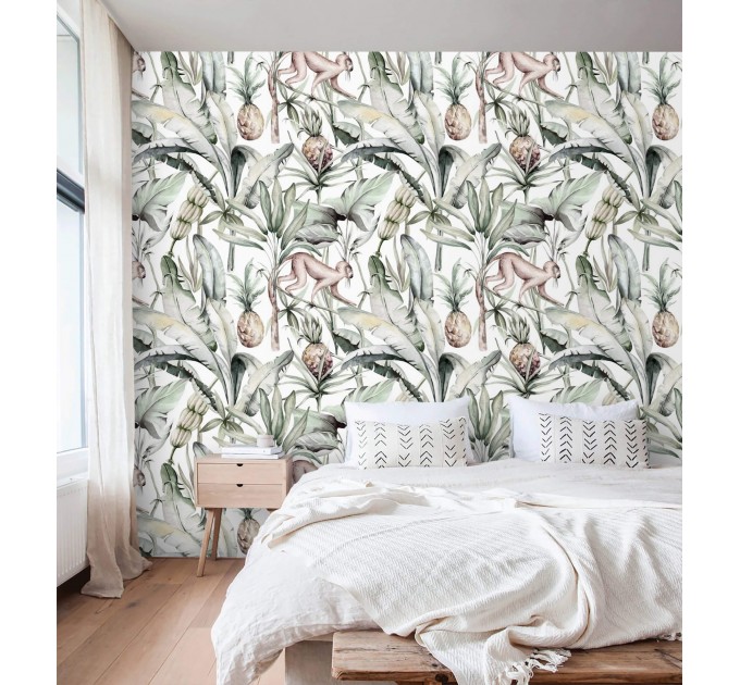 Tropical wallpaper banana leaves and monkeys