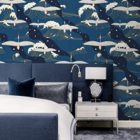 Wallpaper cranes dark navy blue wall covering