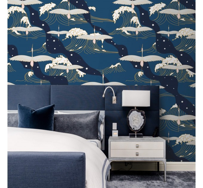 Wallpaper cranes dark navy blue wall covering