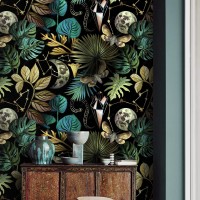 Whimsical wallpaper colorful leaves on dark moons snakes stars