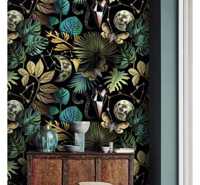 Whimsical wallpaper colorful leaves on dark moons snakes stars