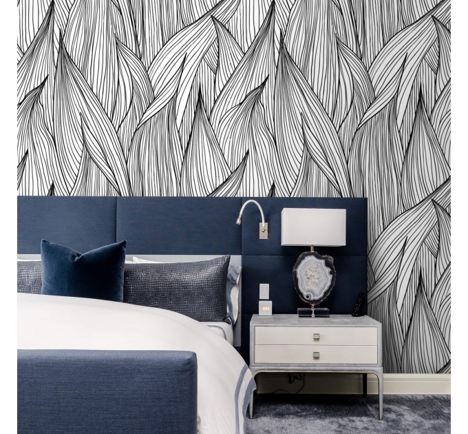 Modern black & white abstract leaf pattern wallpaper