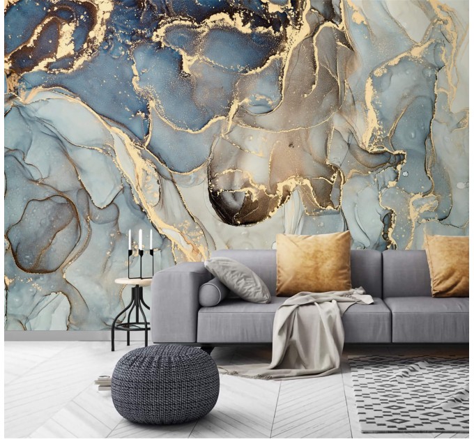 Abstract wall mural blue gold non metallic art wallpaper