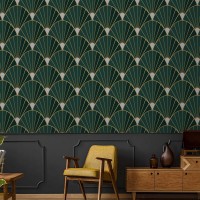 Art deco dark green wallpaper fans mid century style
