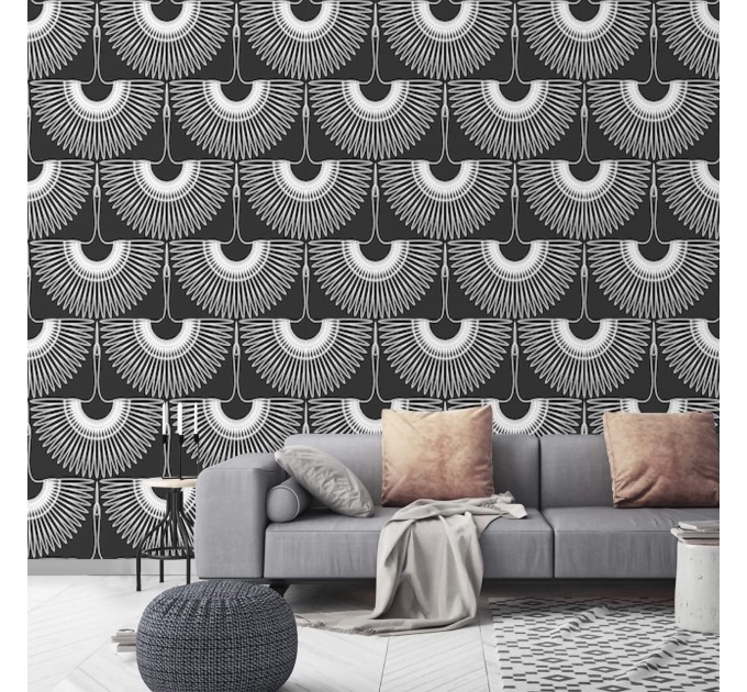 Art deco wallpaper cranes, statement accent wall covering