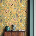 Botanical wallpaper wildflowers, herbs with birds on yellow