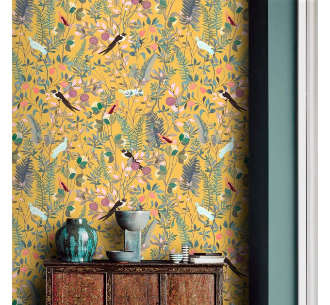 Botanical wallpaper wildflowers, herbs with birds on yellow