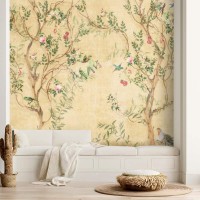 Chinoiserie wallpaper mural blooming tree with birds