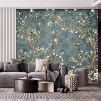 Dark Chinoiserie wallpaper birds, Vintage floral wall mural