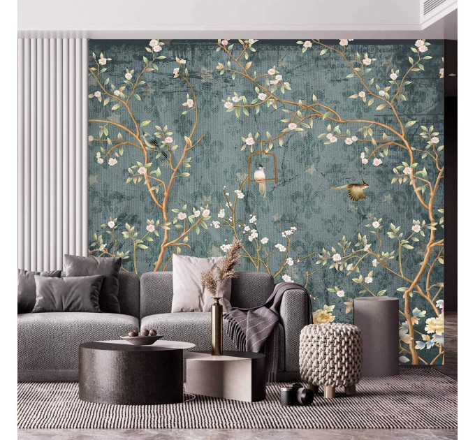 Dark Chinoiserie wallpaper birds, Vintage floral wall mural