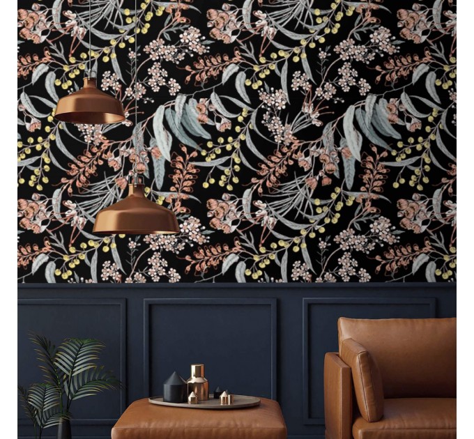 Dark botanical floral wallpaper herbs and wildflowers