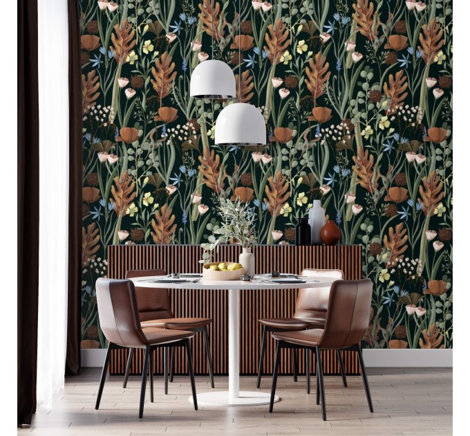 Dark botanical wallpaper Accent wallpaper leaves and herbs