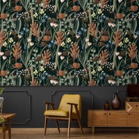 Dark botanical wallpaper Accent wallpaper leaves and herbs