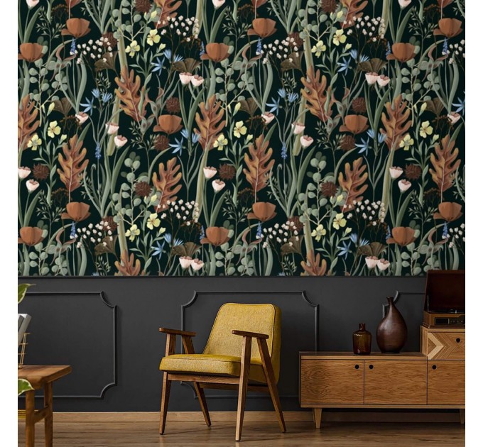 Dark botanical wallpaper Accent wallpaper leaves and herbs