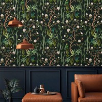 Deep green botanical wallpaper flowers and leaves