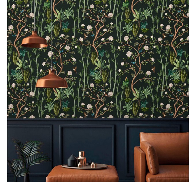 Deep green botanical wallpaper flowers and leaves