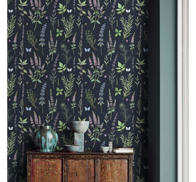 Dark botanical wallpaper herbs and flowers