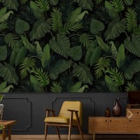Dark green botanical wallpaper large leaves