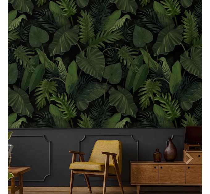 Dark green botanical wallpaper large leaves