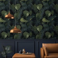Dark botanical wallpaper green large leaves