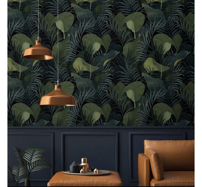 Dark botanical wallpaper green large leaves
