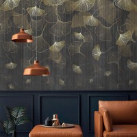 Dark botanical wallpaper mural, large ginkgo leaves