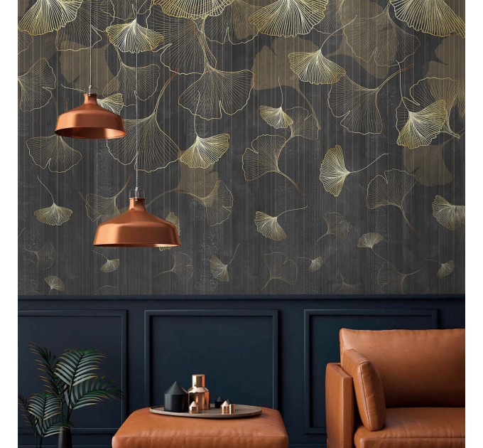 Dark botanical wallpaper mural, large ginkgo leaves