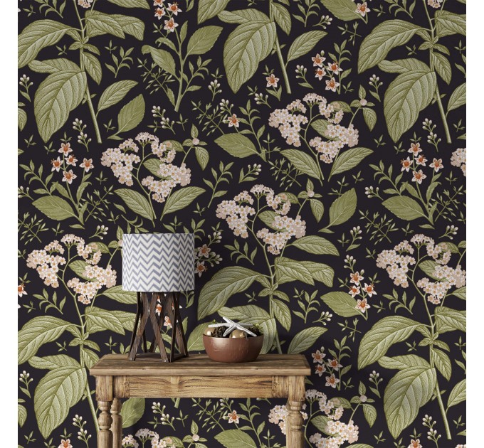 Dark botanical wallpaper vintage herbs and wildflowers