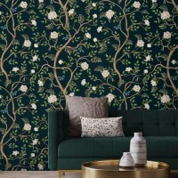 Dark floral wallpaper Chinoiserie style blooming branches