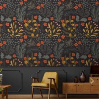 Dark floral botanical wallpaper leaves and herbs