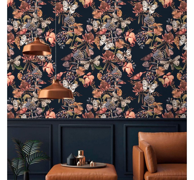 Dark vintage botanical wallpaper | Moths & Flowers