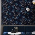 Dark floral wallpaper, dark blue flowers decor