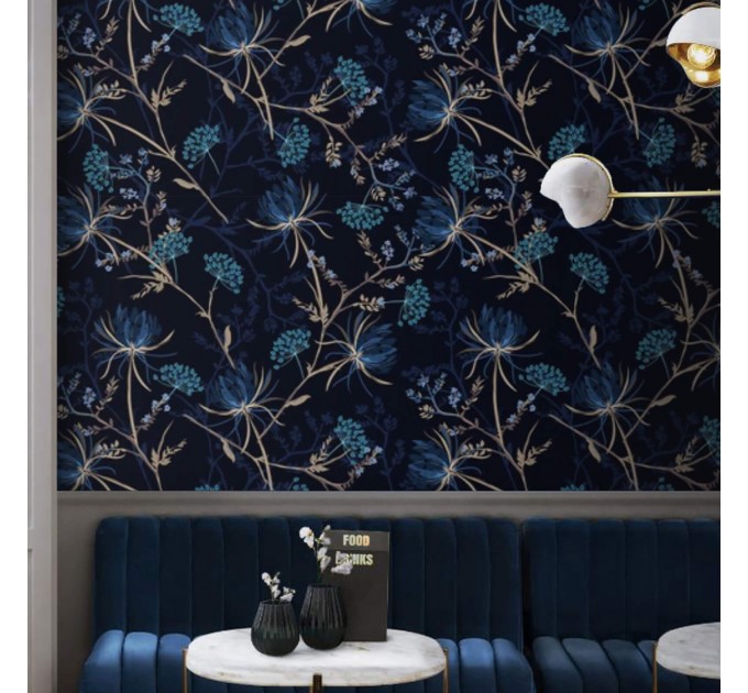 Dark floral wallpaper, dark blue flowers decor