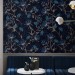 Dark floral wallpaper, dark blue flowers decor